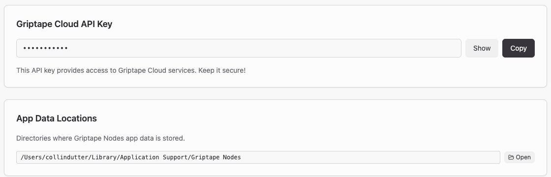 Griptape Cloud API Key 및 App Data Locations 섹션