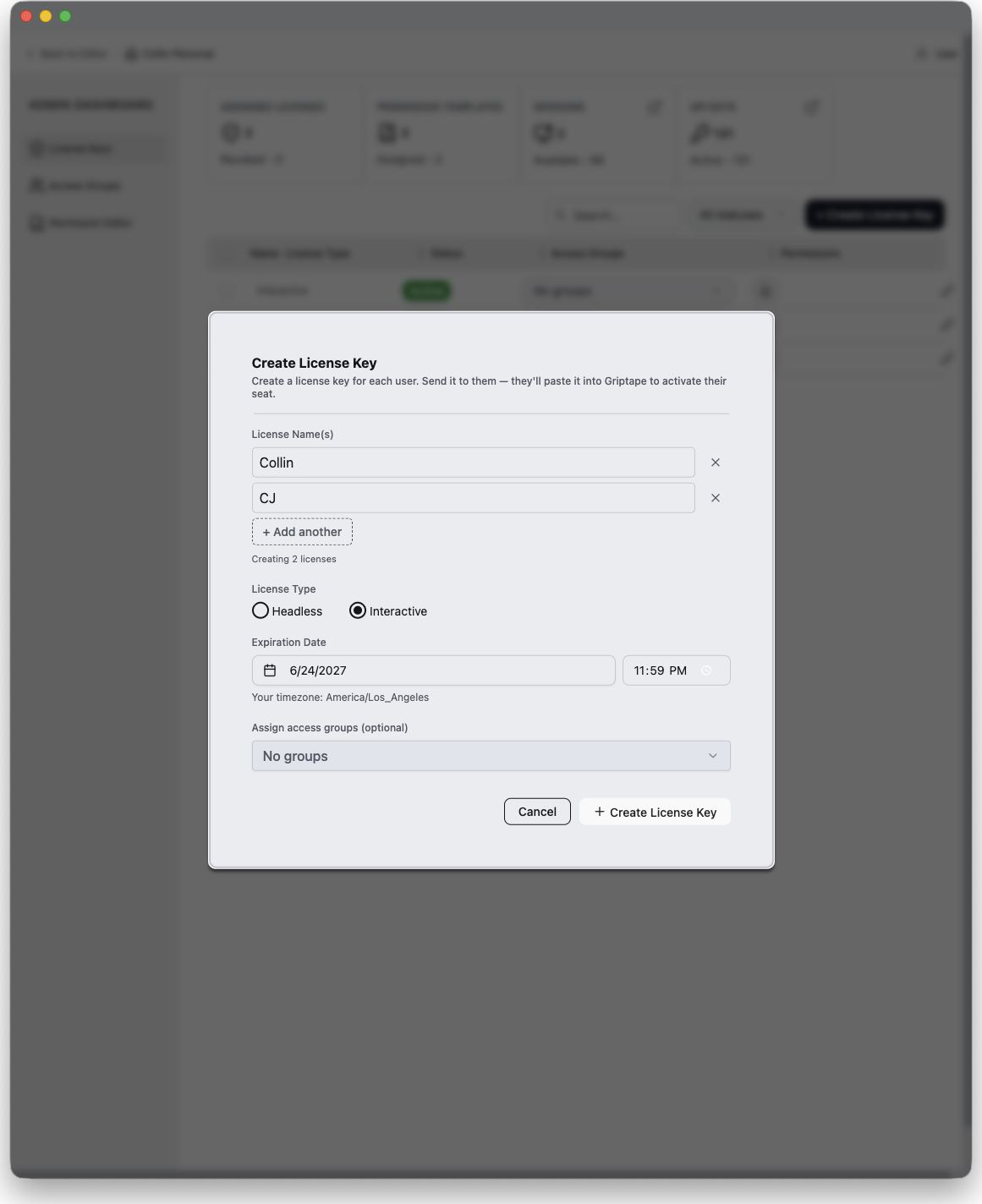 Create License Key 대화상자