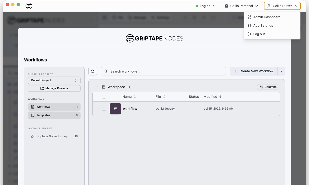 Admin Dashboard 항목이 있는 데스크톱 앱 프로필 메뉴