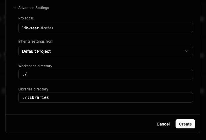 Project ID, Inherits-settings-from 및 Workspace directory 필드를 보여주는 확장된 Advanced Settings