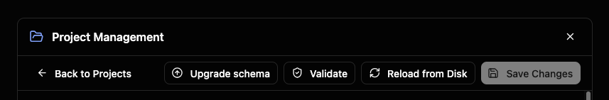 Back to Projects, Validate, Reload from Disk, Save Changes가 있는 상세 보기 툴바