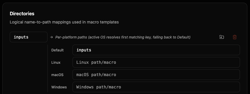Default, Linux, macOS, Windows 경로 입력으로 확장된 디렉터리