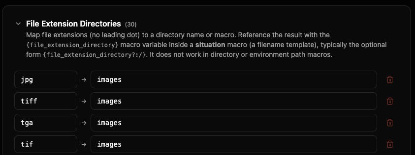 확장자-폴더 매핑을 보여주는 확장된 File Extension Directories 섹션