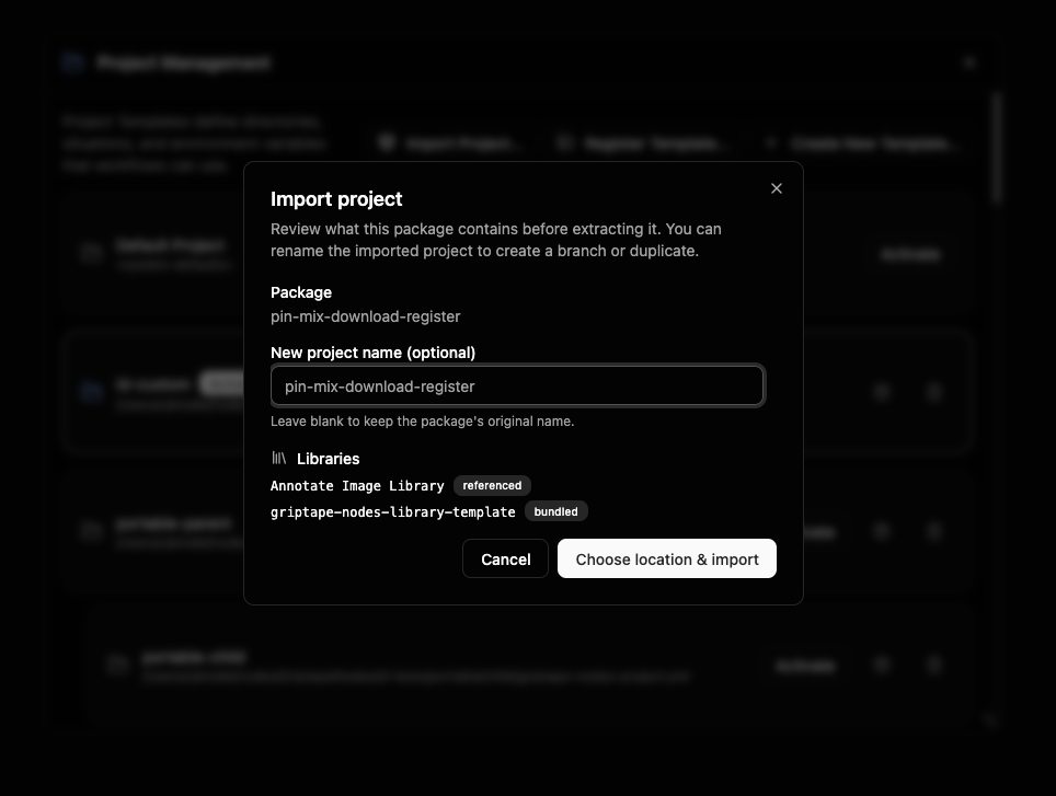 패키지 내용, 이름 변경 필드, 번들된 라이브러리 및 필수 시크릿을 보여주는 Import project 대화 상자