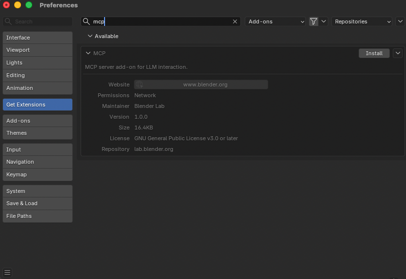 Get Extensions의 Blender MCP 확장 프로그램