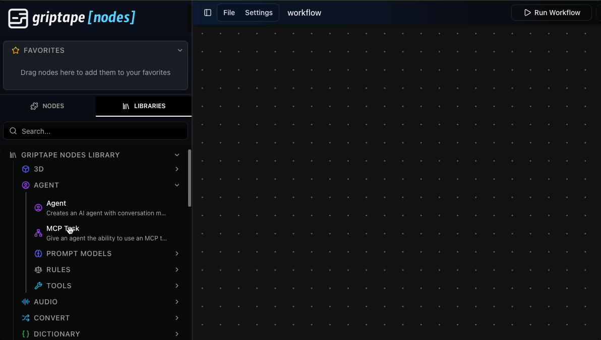 MCP Server Task dragged to workflow editor